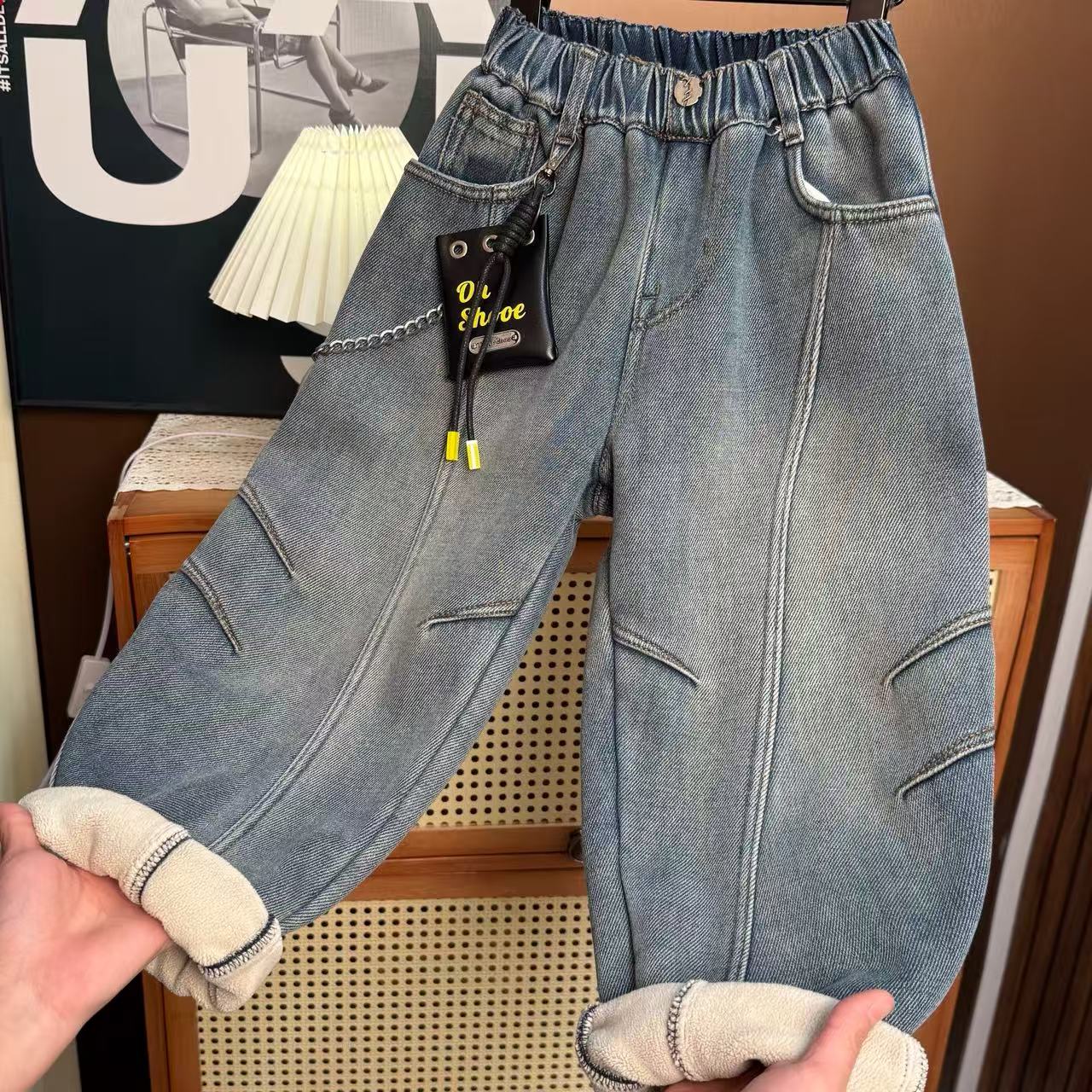 【年款】潮童必备！中大童新款个性潮酷痞帅水洗加绒软牛仔00321