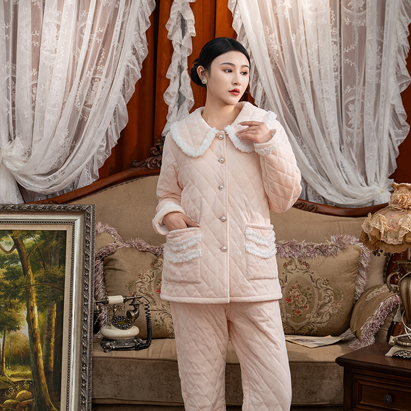 邑夏公主中长款水晶绒三层加绒加厚可外穿家居服套装