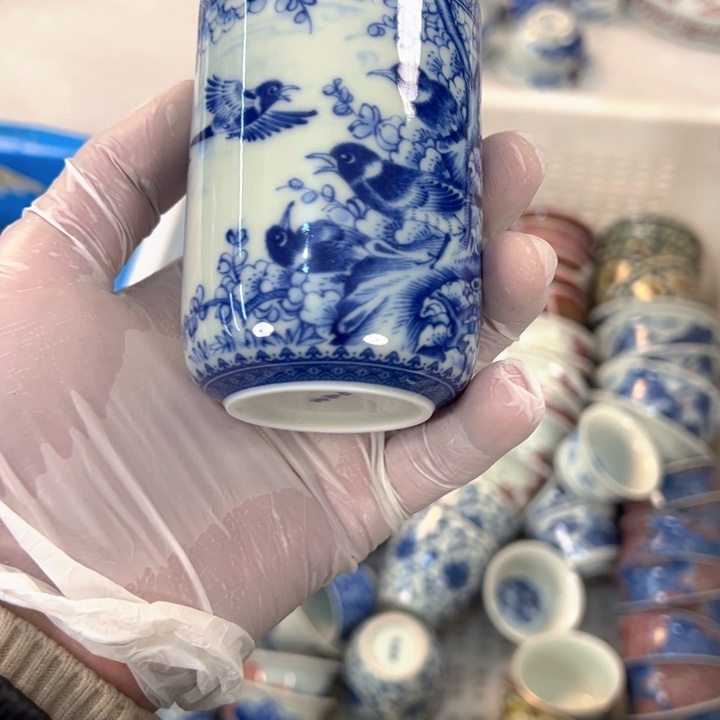 瓷片白青花喜上眉梢直筒杯可乐全品