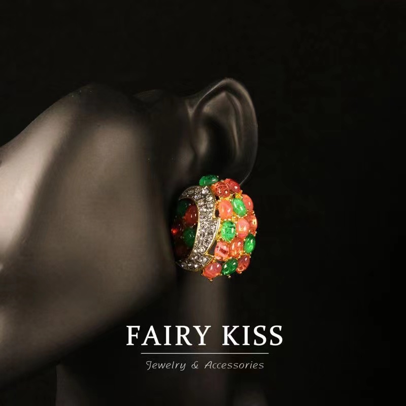 合金仿水晶耳饰 意式双色云纹琉璃密镶耳饰胸针套装