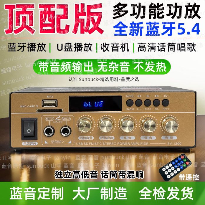 全新220V大功率功放机蓝牙5.3家用HiFi无损12V插卡U盘收音小功放