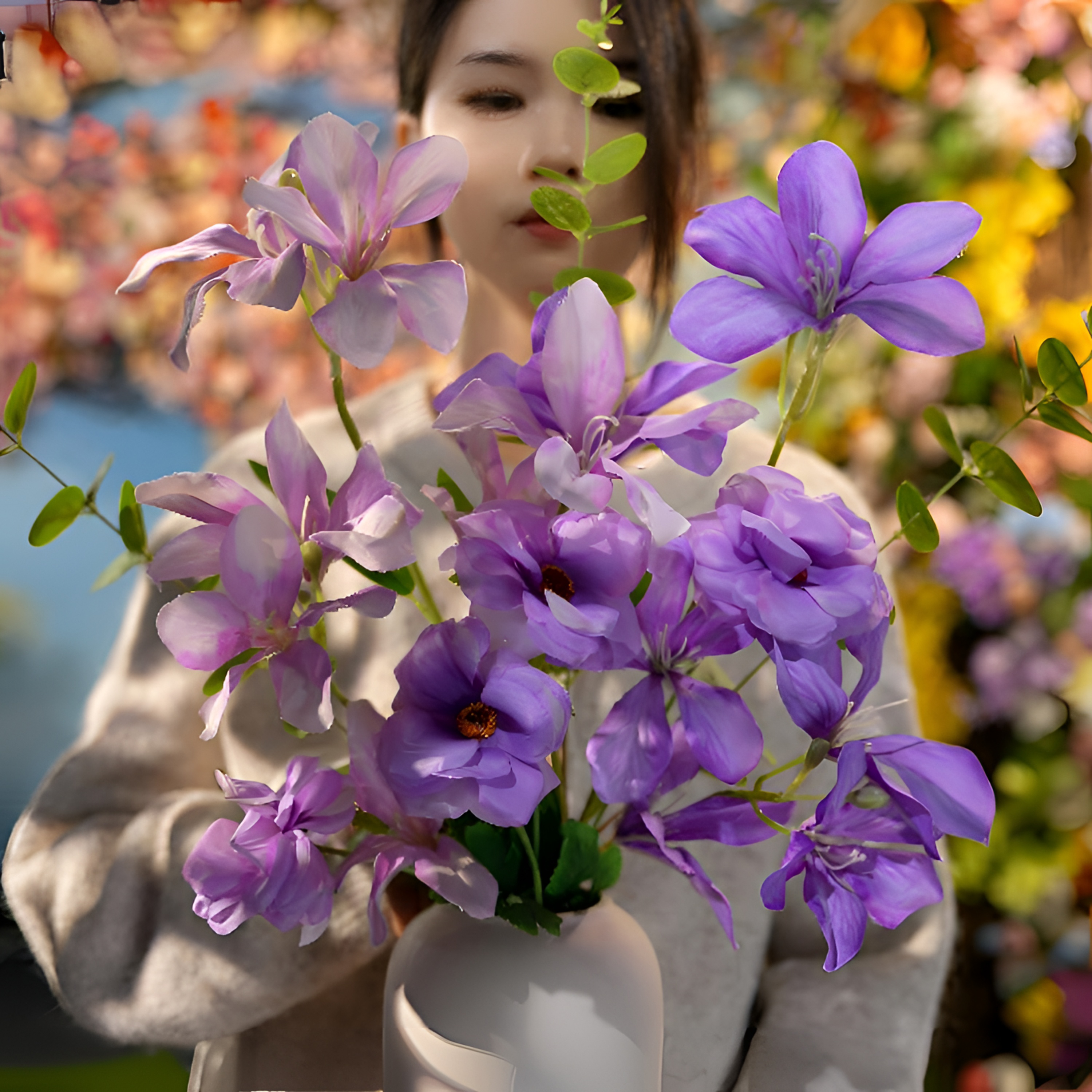 紫韵仿真花家居装饰品摆件客厅摆设假花餐桌室内花艺连花带瓶套装