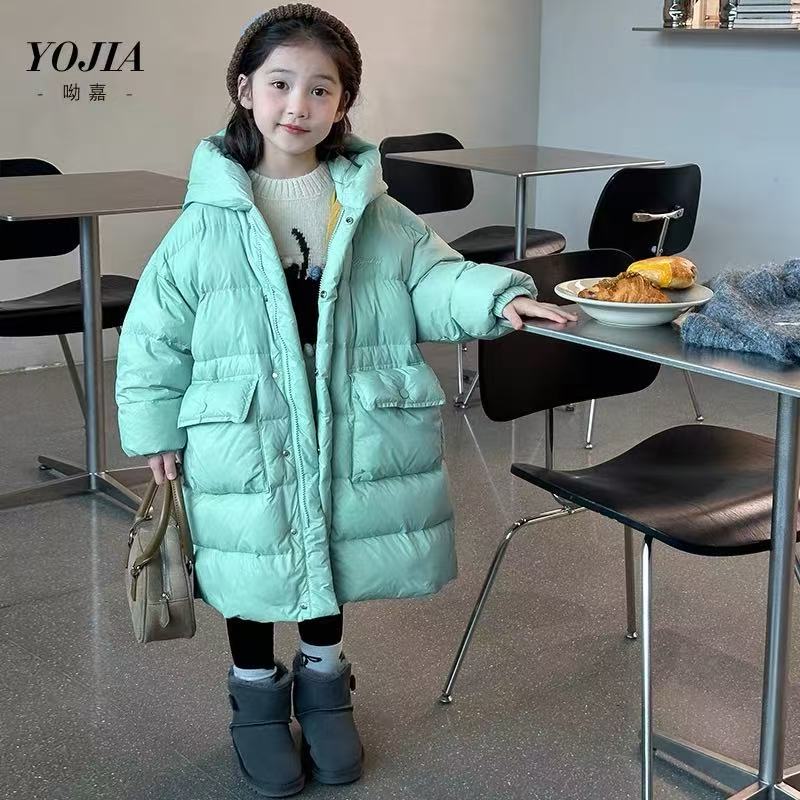 儿童连帽中长款大口袋羽绒服2025冬季新款时尚女童装3-15岁A-396
