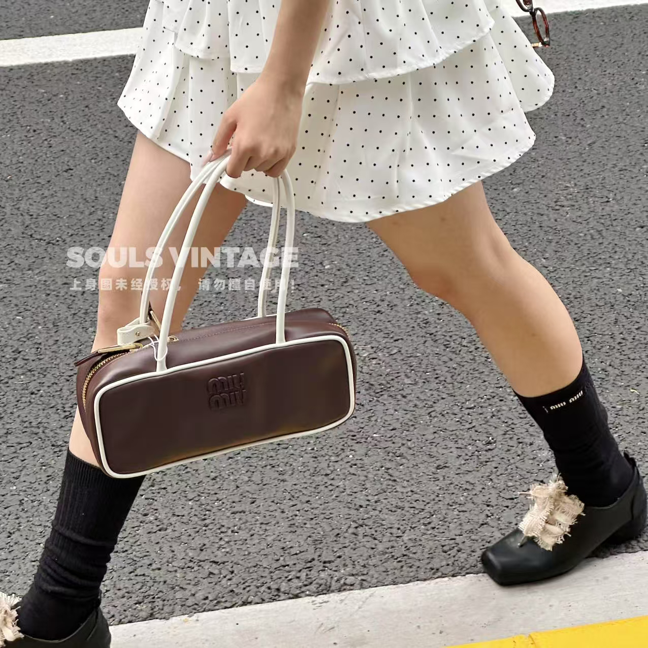 95新 MIU MIU/缪缪 石楠木色拼白色 Beau 25款 保龄球/689679911