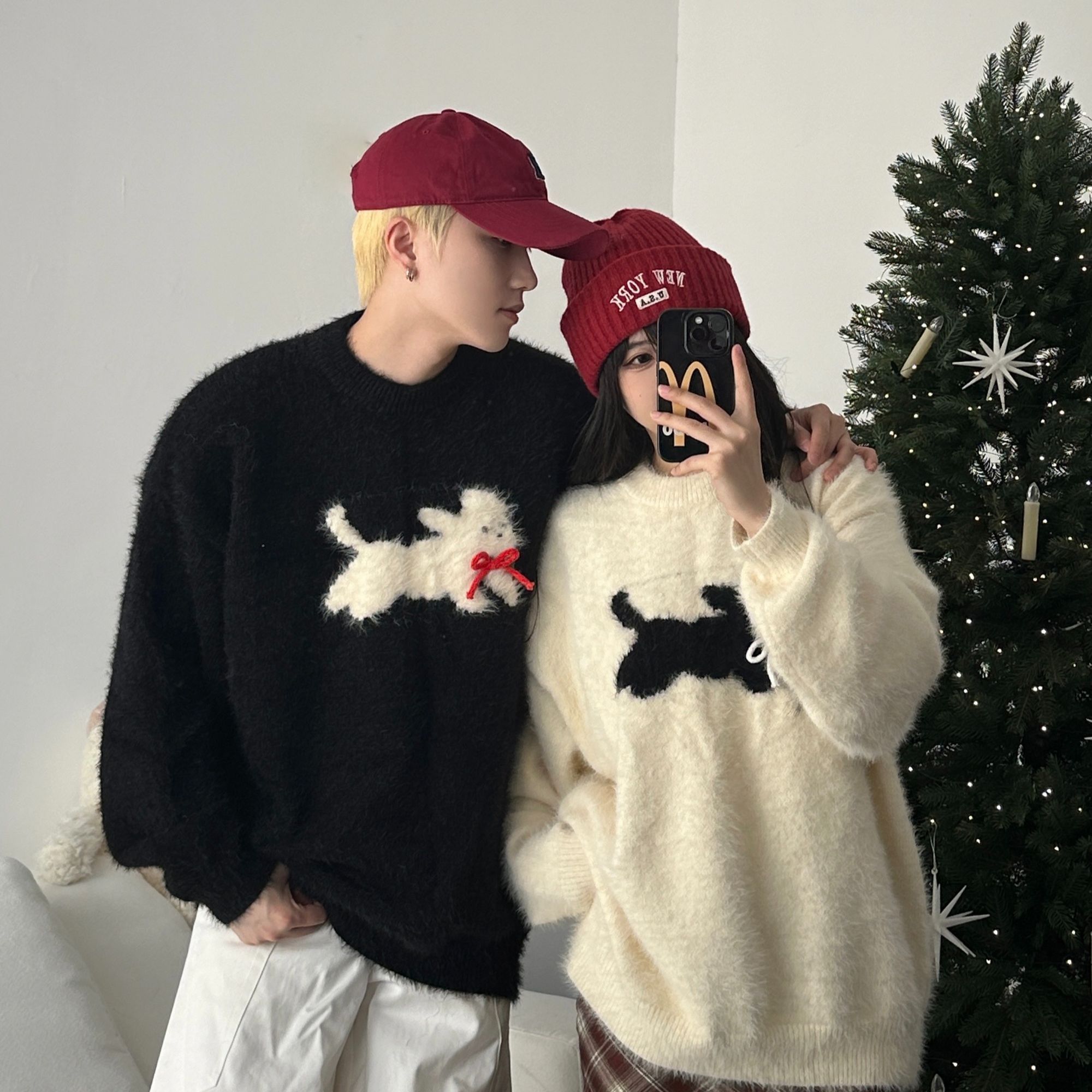 情侣装秋冬2025新款卡通小狗马海毛毛衣男女韩版宽松慵懒风针织衫