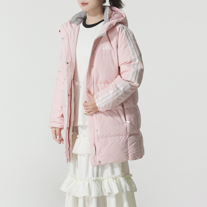 adidas阿迪达斯羽绒服女2025秋冬新款中长款粉色时尚保暖羽绒外套