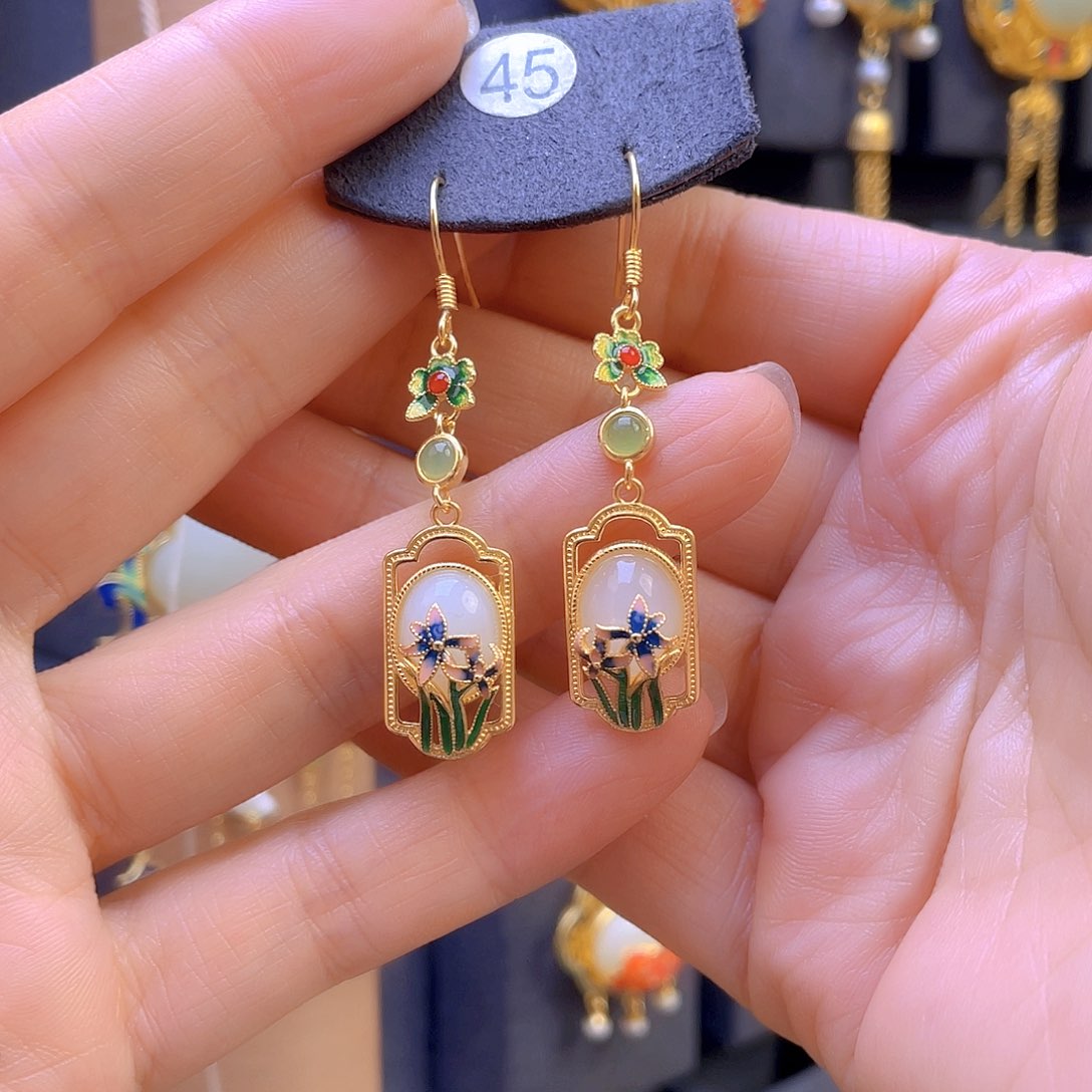 和田玉耳饰银S925镀金镶嵌