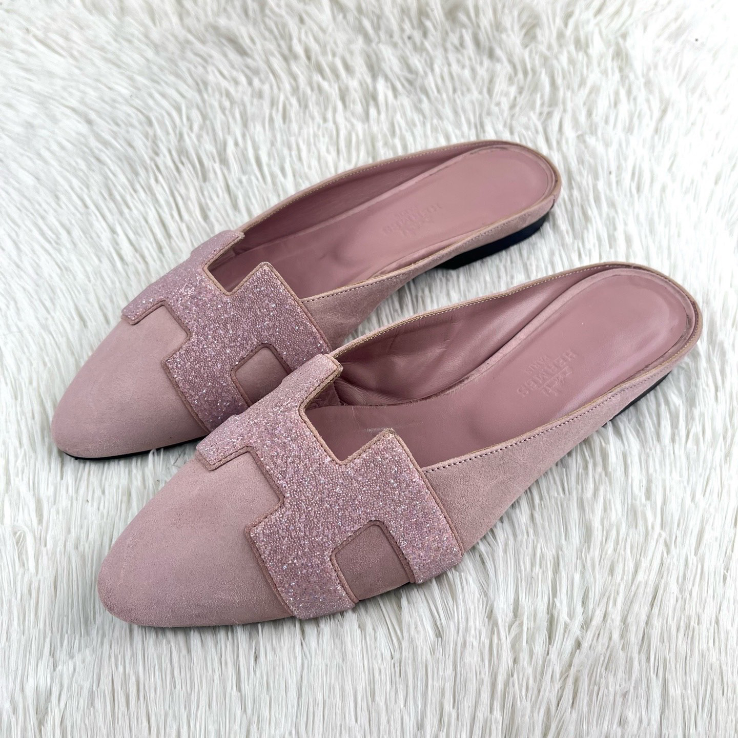 99新 Hermes/爱马仕 粉钻穆勒半拖35.5码