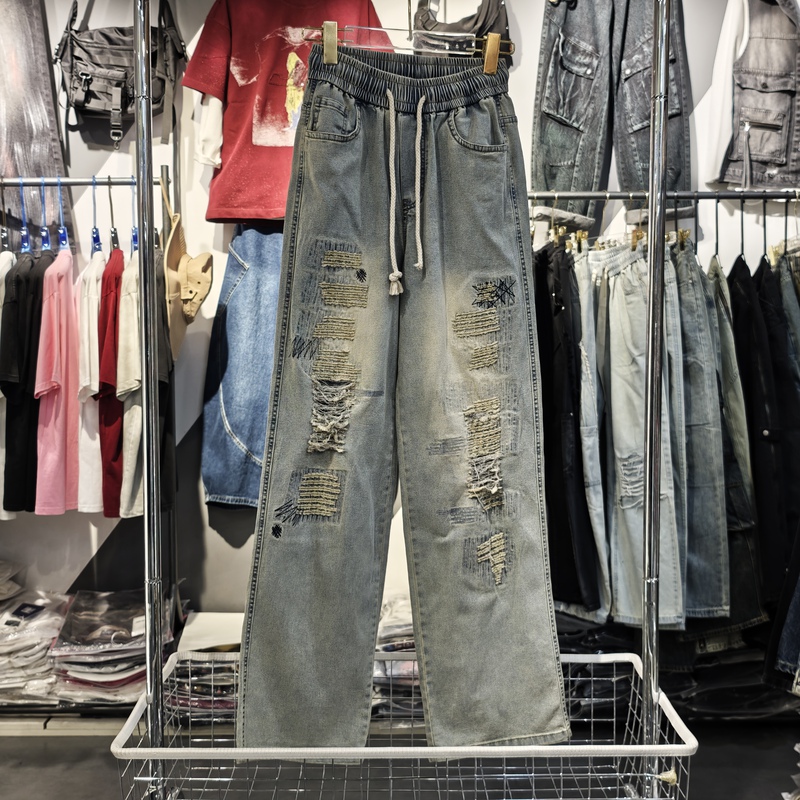 春款男装牛仔裤刮烂破洞款美式做旧纯棉抽绳宽松直筒牛仔裤1038