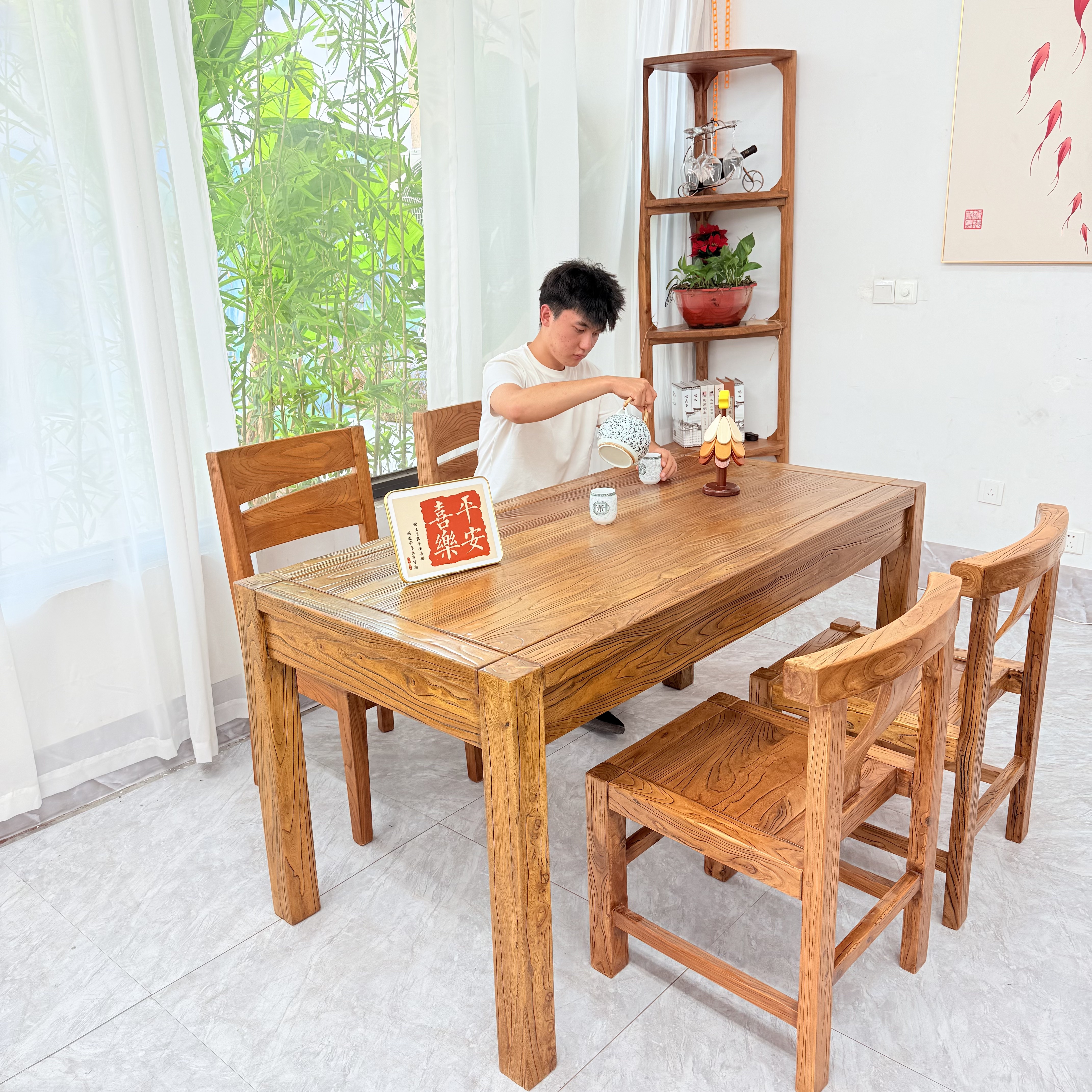 老梁故事老榆木新古典客厅一体餐桌新中式实木餐桌榆木家用小户型