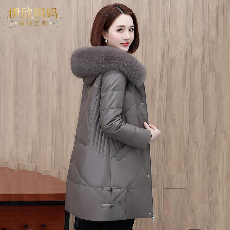 海宁皮衣羽绒棉服女中长款2025新款冬季女款连帽加厚大气保暖外套
