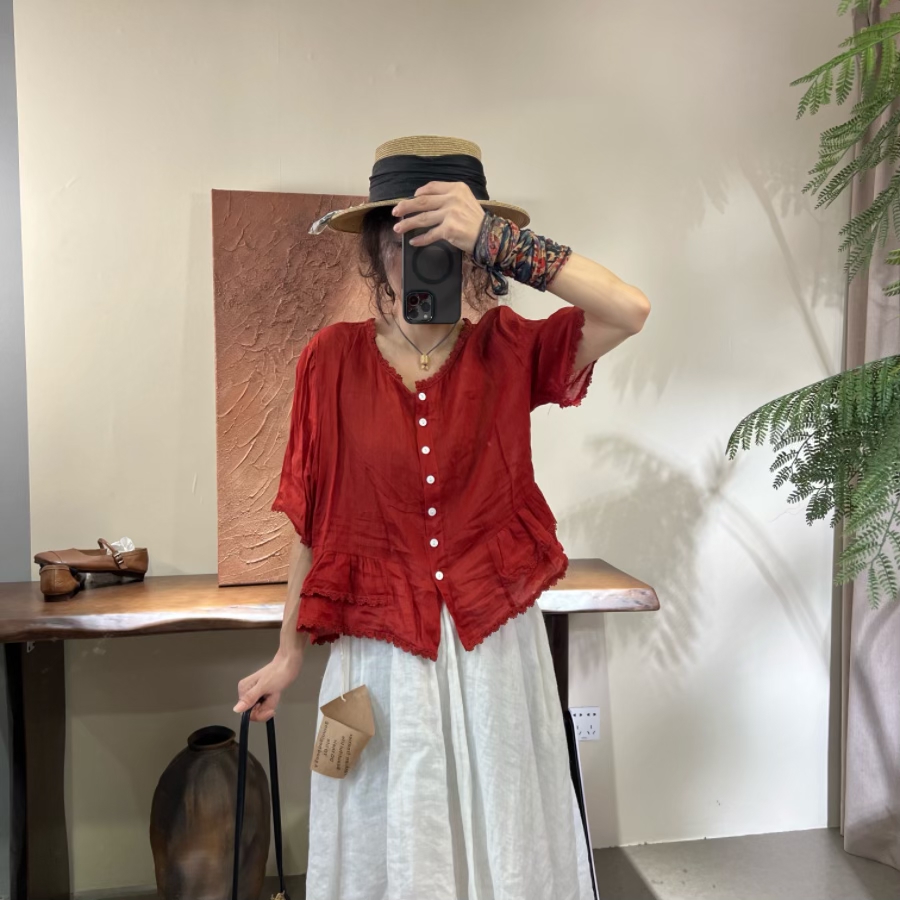 苎麻衬衫女装上肩袖衬衣成人常规圆领休闲防晒3D百搭衬衫  1181#