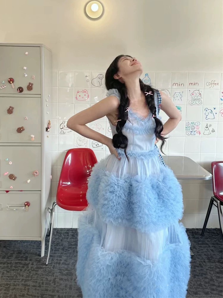 自制纯色礼服裙吊带2024春夏淑女款无袖蛋糕连衣长裙网纱连衣裙