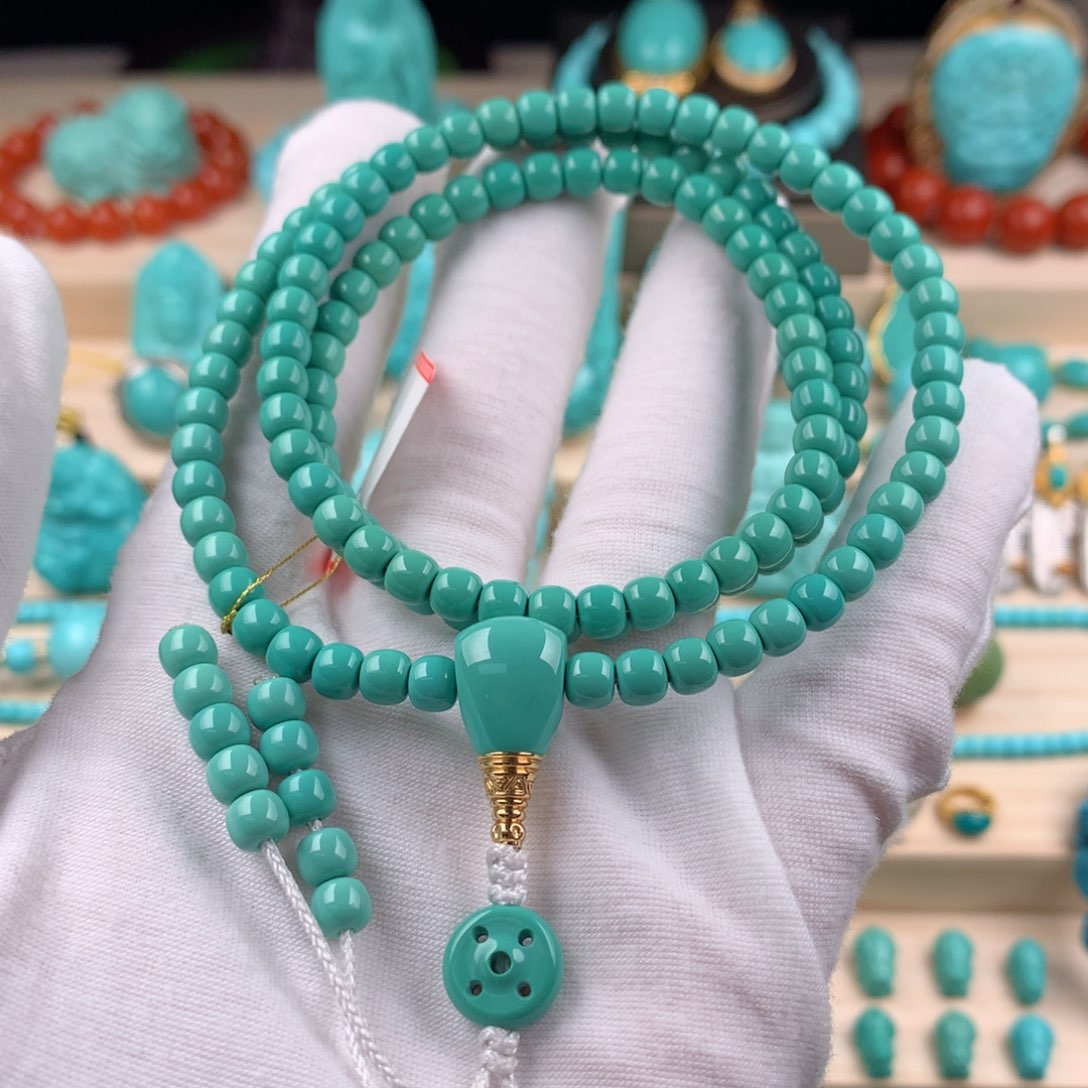 绿松石108.念珠卡5.318K金镶嵌