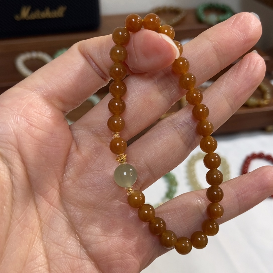 和田玉18K金镶嵌手链6mm红糖