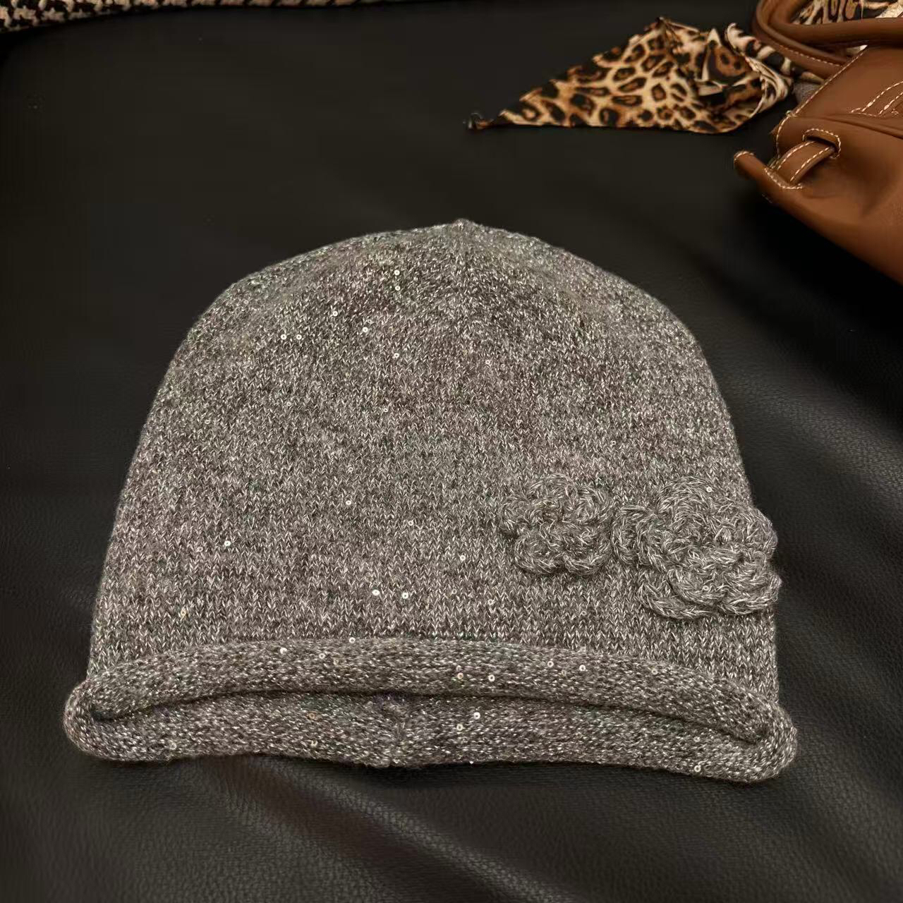 韩版花朵细闪堆堆帽