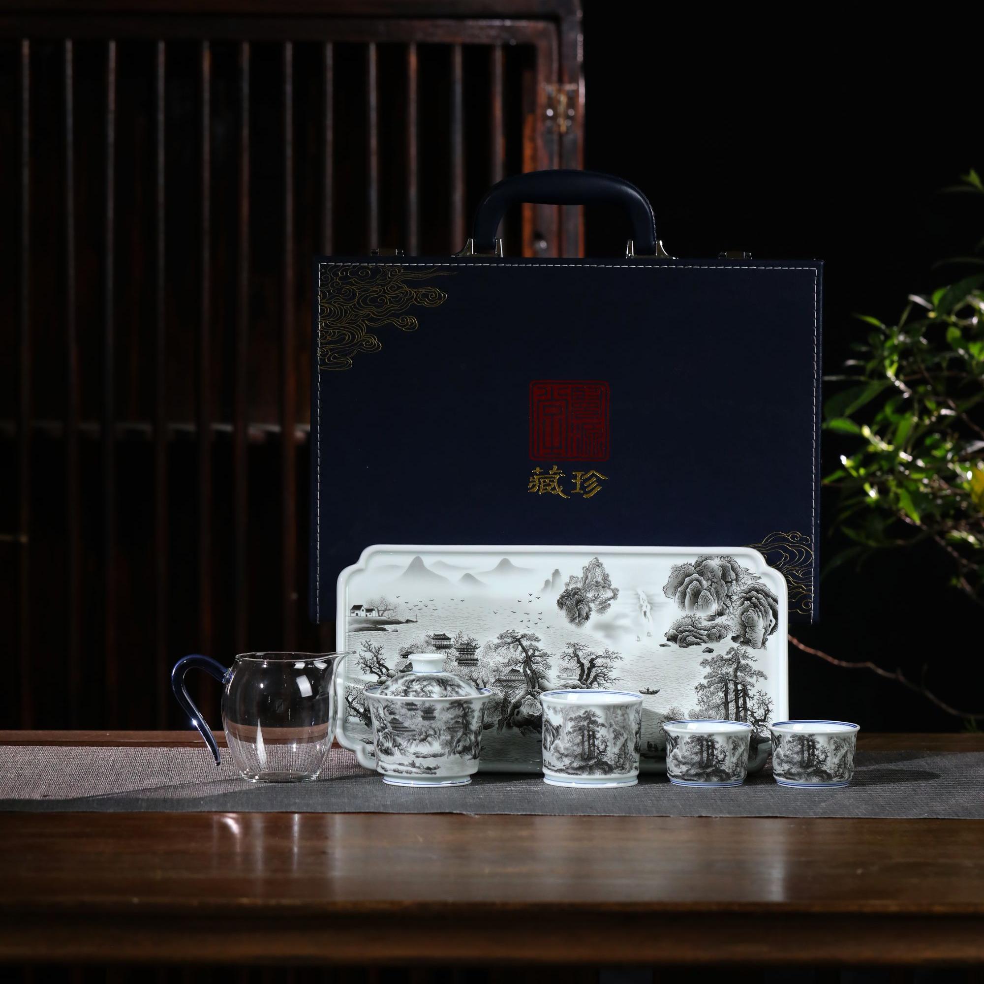 景德镇重工墨彩春山图白瓷六件套礼盒茶盘大套装茶具
