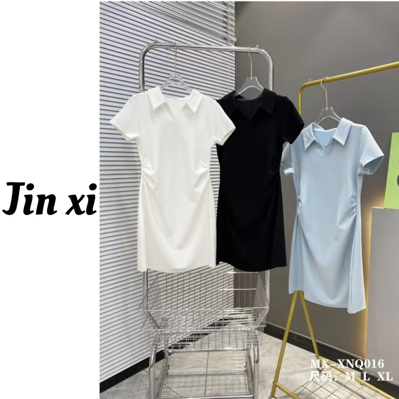 金喜家-新款女翻领刺绣标长裙百搭修身连衣裙