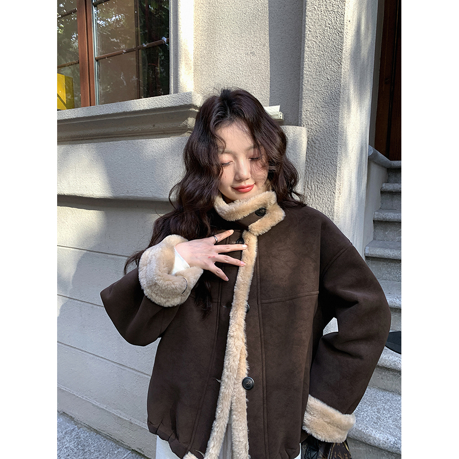 张贝贝环保毛加厚保暖立领机车服女复古短皮草外套