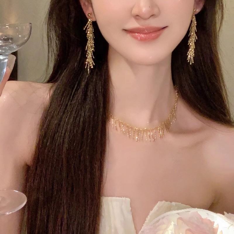 合金无非金属耳饰 波光粼粼长款流苏麦穗耳环女轻奢小众高级感时