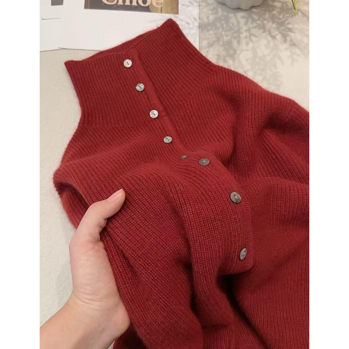 丽丽家朱砂红色百搭半高领开衫