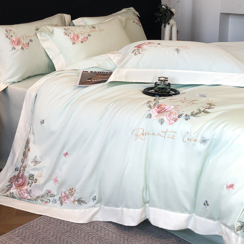 春夏新品高级感50*50S贡缎长绒棉刺绣四件套纯棉床单全棉床笠高档