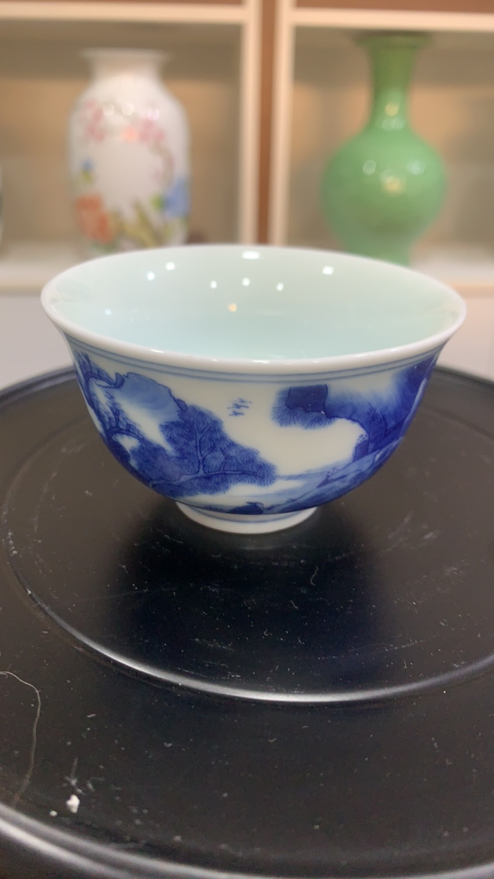 青花釉下彩山水主人杯客杯