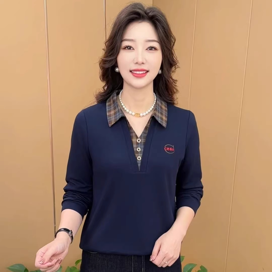 2025秋季新款时尚妈妈装假两件翻领长袖T恤百搭休闲女装减龄上衣