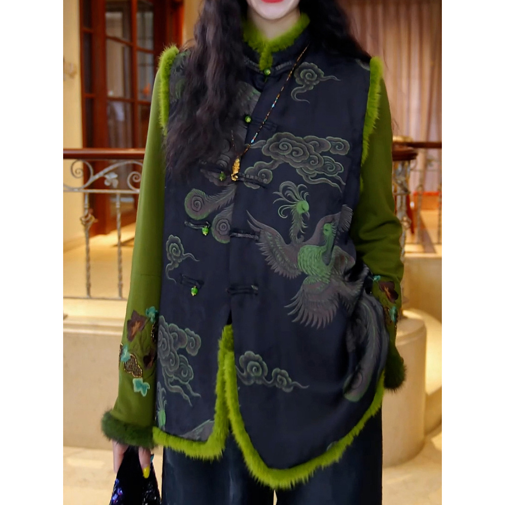 中式夹棉加厚国风盘扣马甲2025秋冬新款复古提花宽松百搭坎肩外套