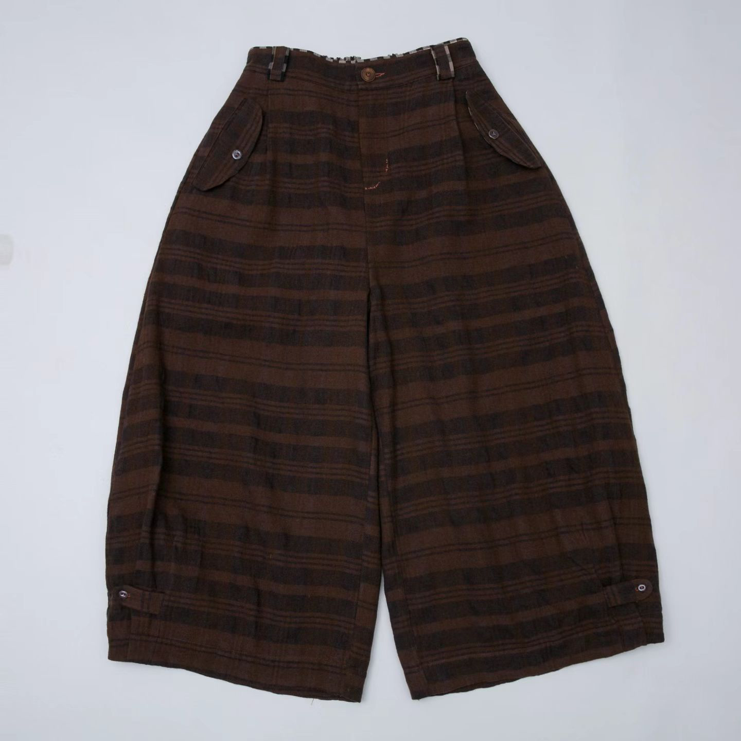 布衣家小铺推荐～原创垒土复古棕咖格双层休闲棉裤 25K0754-1