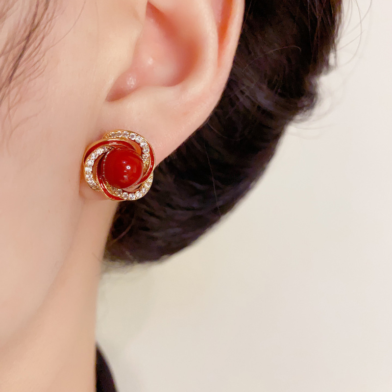 黄铜锆石耳饰 微镶锆石缠绕红色珍珠耳钉精致时尚百搭小巧耳环气