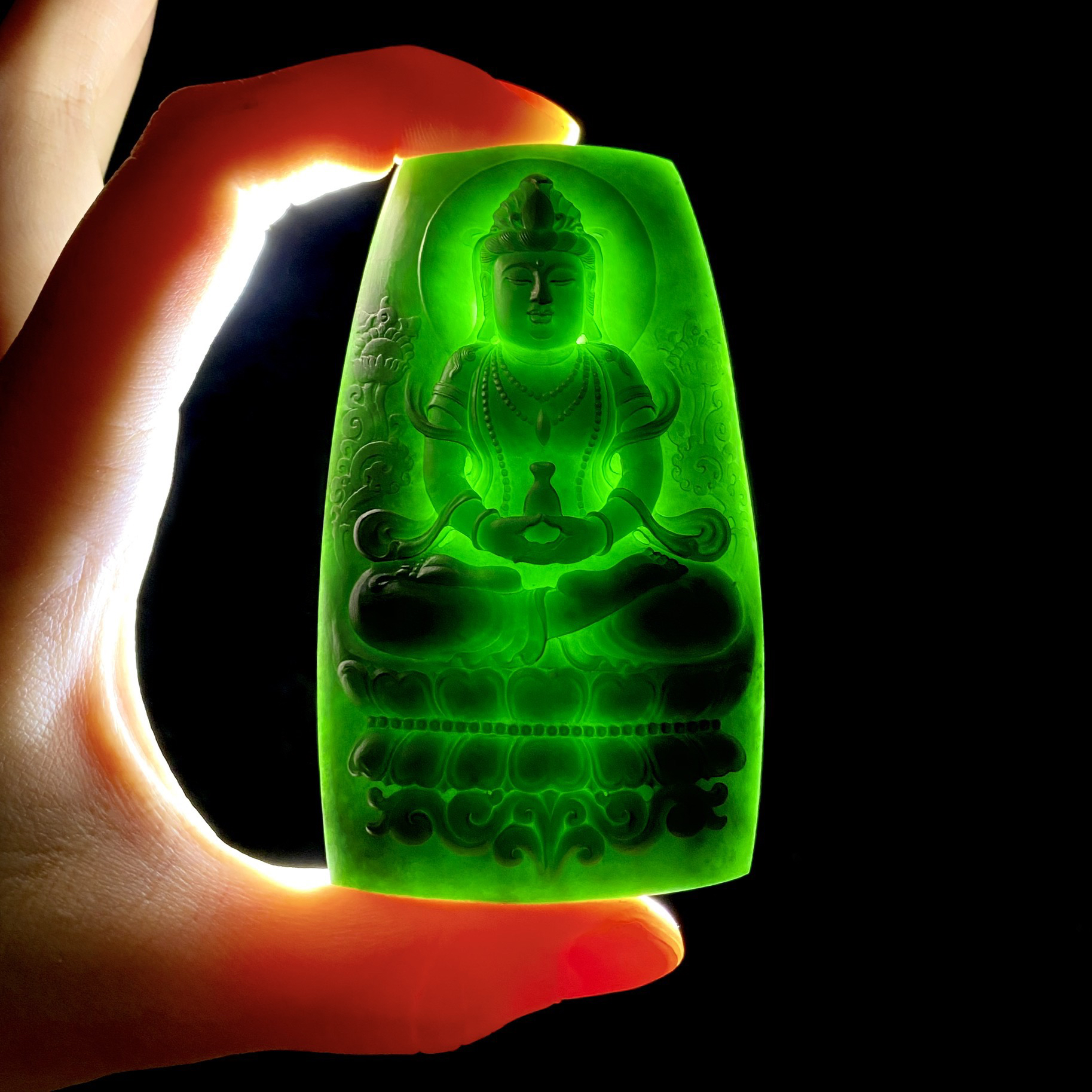 缅甸翡翠A货墨翠毛货观音菩萨守护神吊坠男女款玉牌挂件礼物