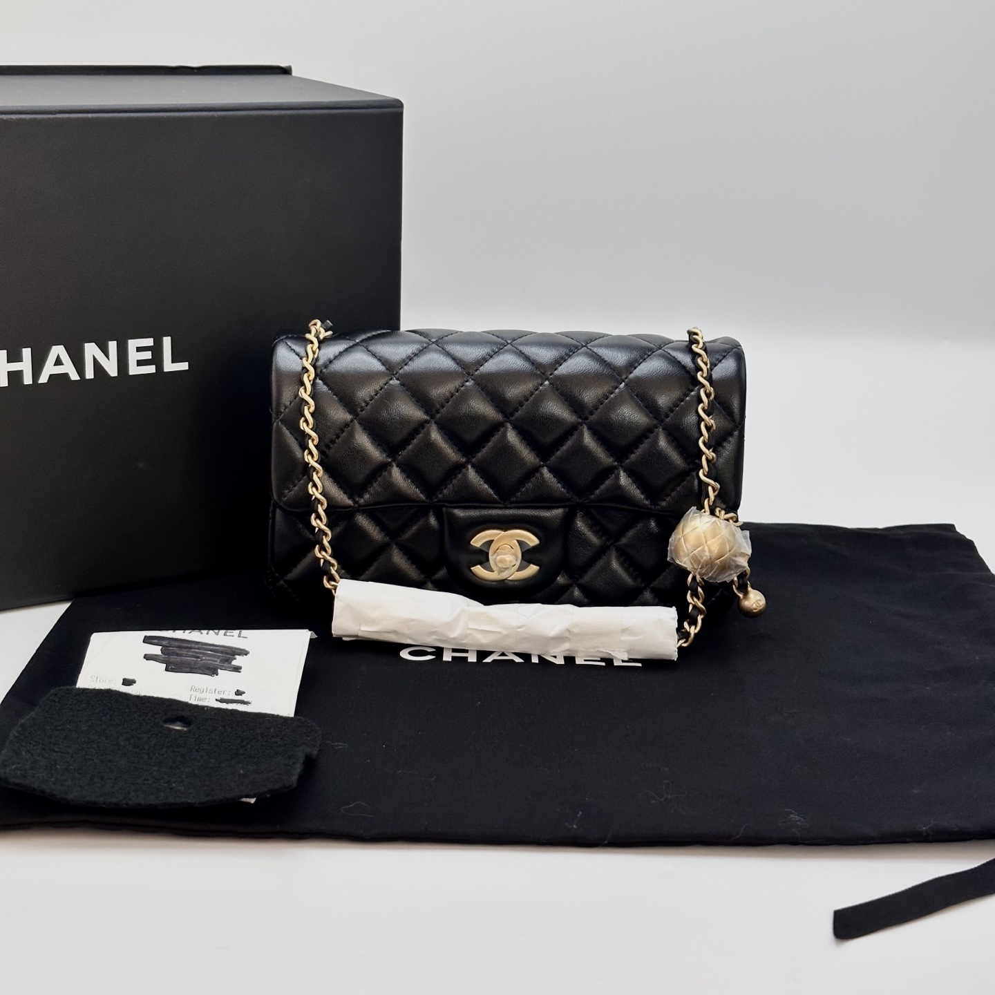 99新 Chanel/香奈儿 黑金金球大nini单肩斜挎链条包（6月票） 01423