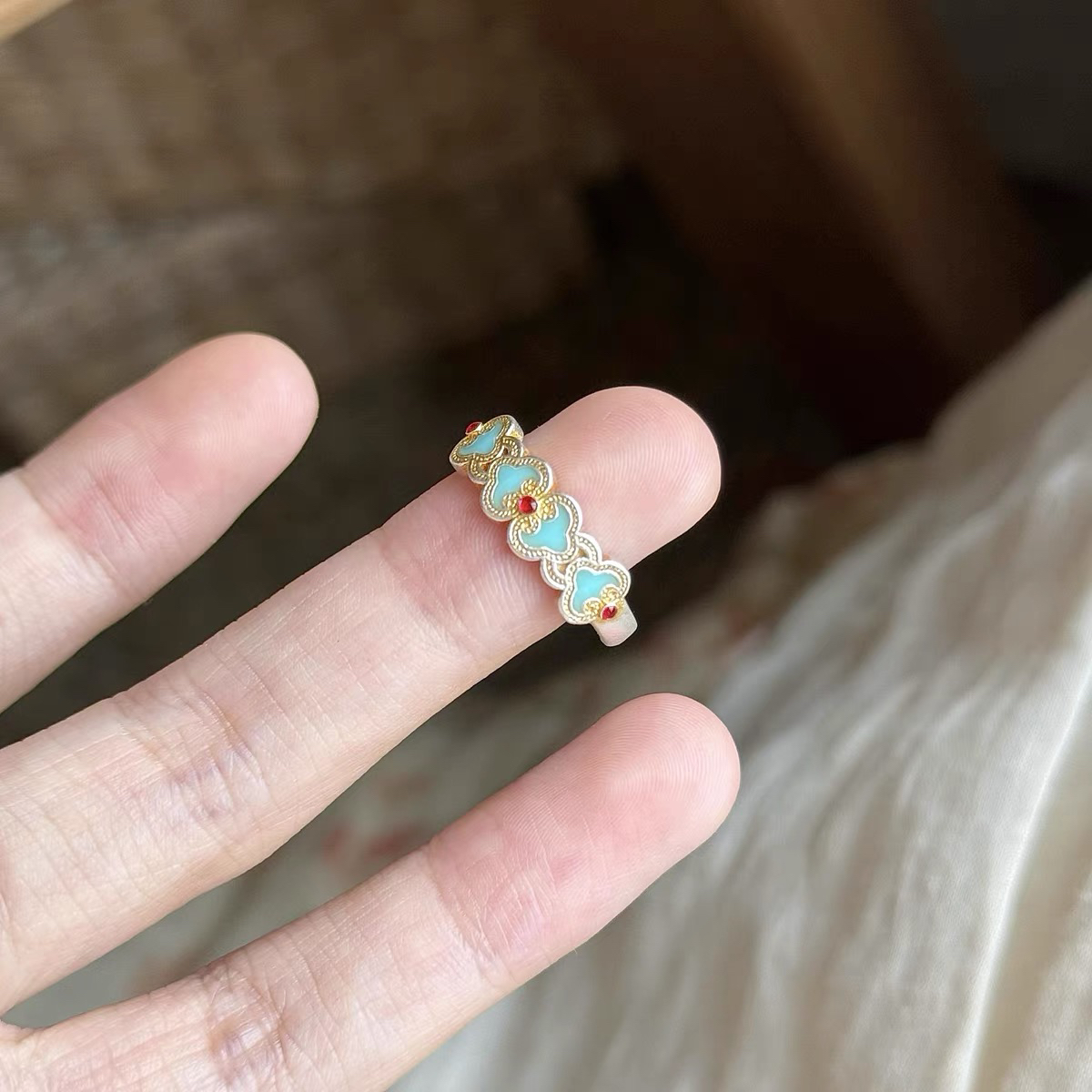 足银戒指 青云  银奶奶足银999·9手工珐琅彩如意银戒指