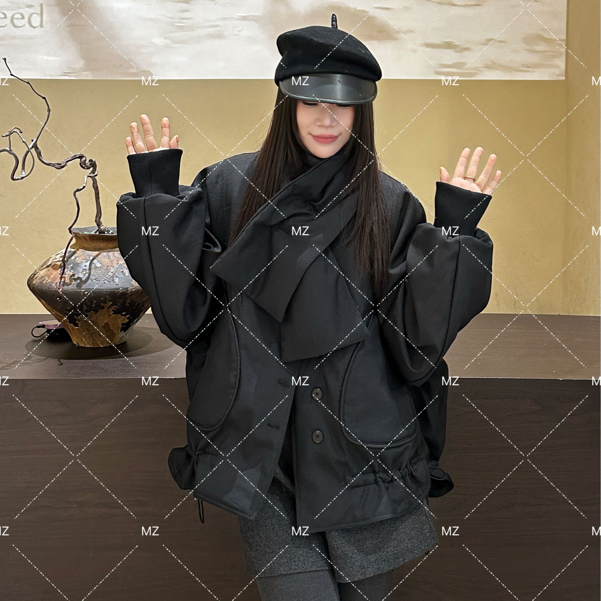 【格子家】秋冬韩版拼接小众90羽绒服带围脖B544