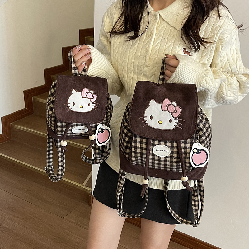 日系小书包迷你可爱kitty猫双肩包新款复古格子大容量通勤小背包