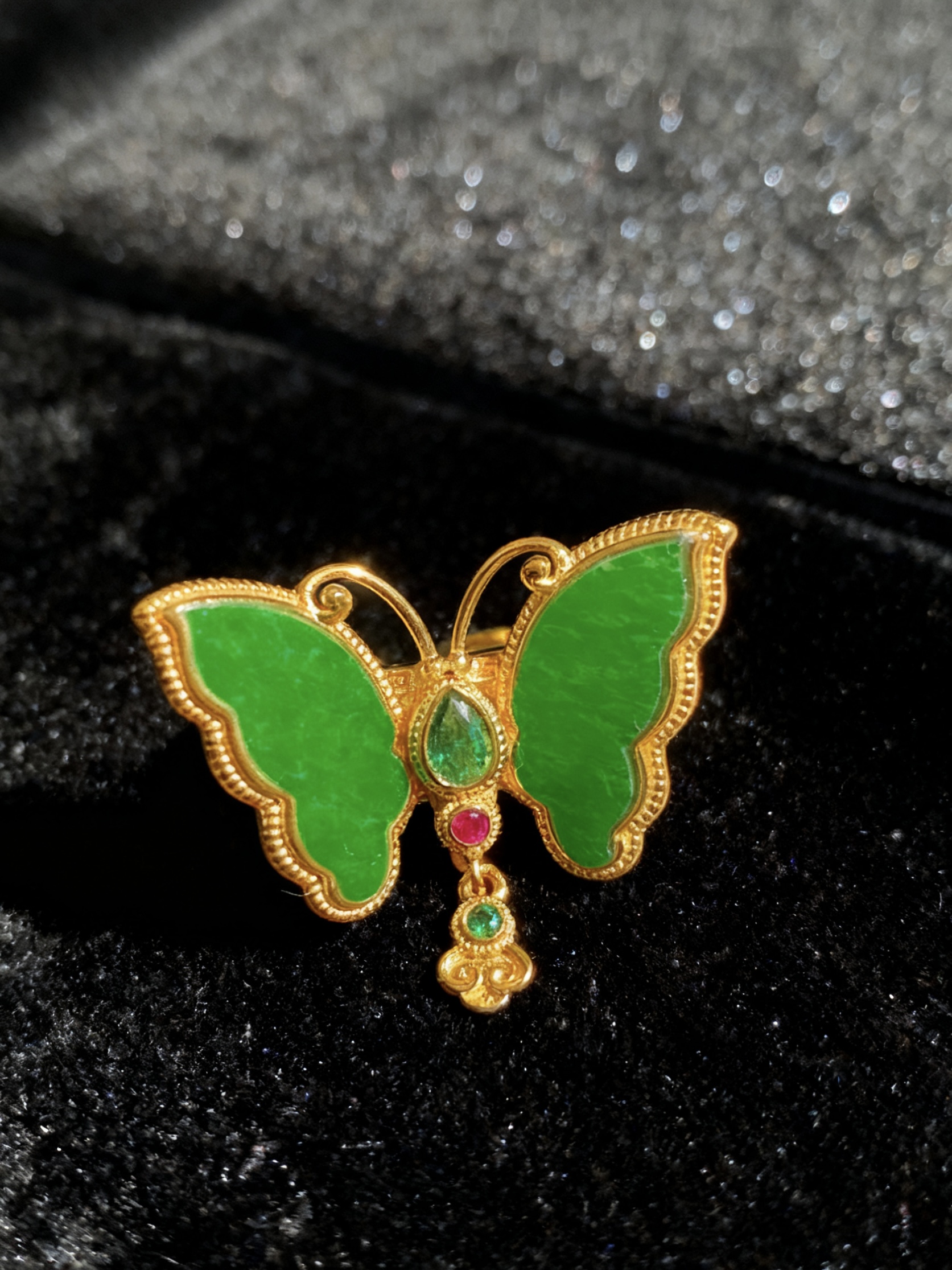 【蝶舞花影】天然缅甸翡翠a货 s925银设计蝴蝶戒指10081多样性发一