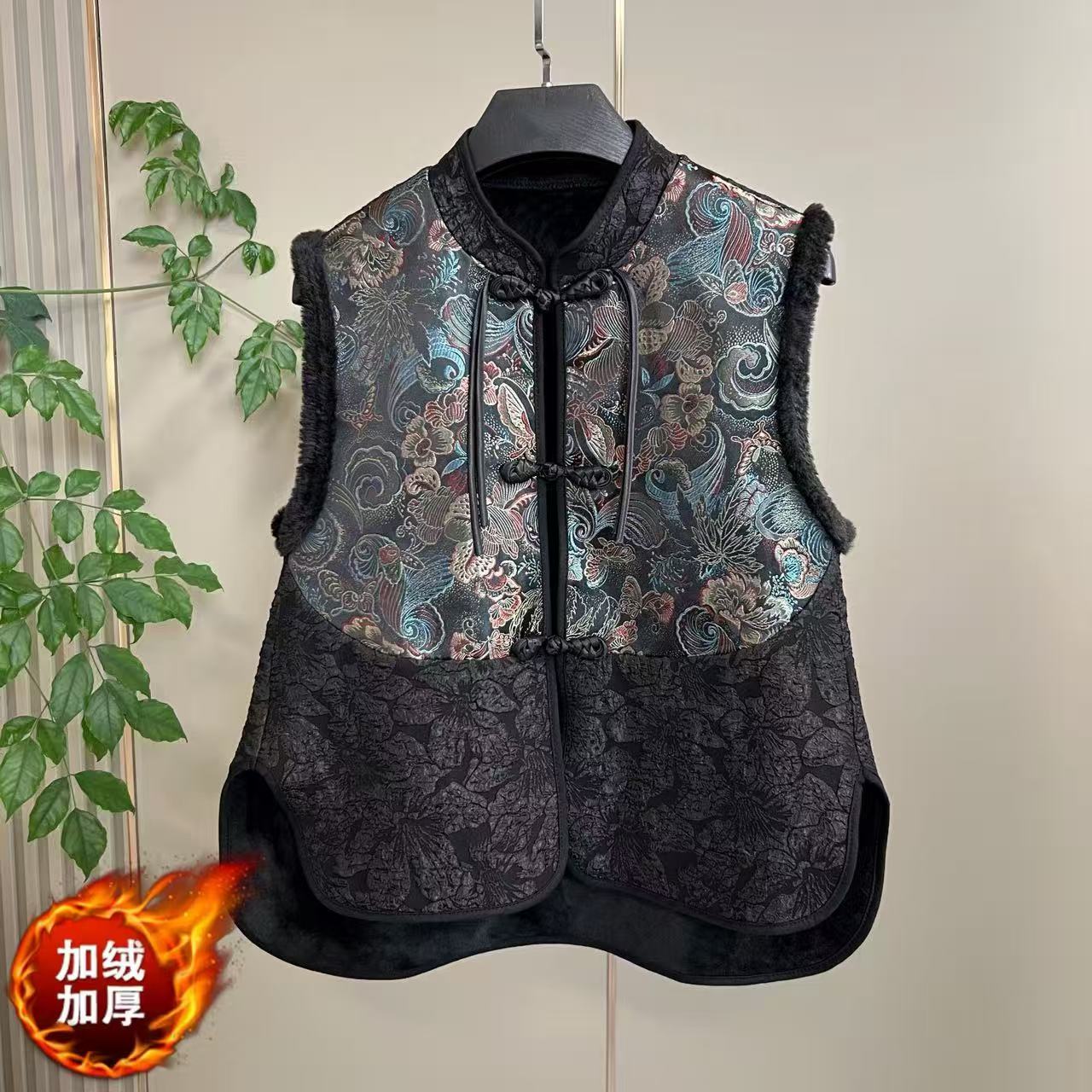 399中式提花刺绣马甲外套民族风黑色复古马夹中国风绣花无袖