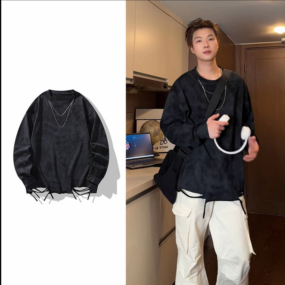 【Q2622~长袖】扎染破洞设计长袖T恤ins春秋水洗美式潮流圆领上衣