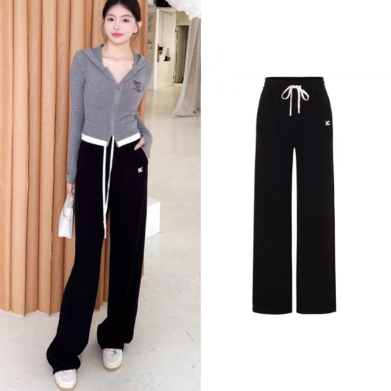 Z0240【M】2025春季新款撞色抽绳松紧腰宽松长直筒阔腿休闲裤软糯风