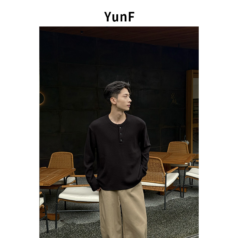  YunF 25A/W 初秋松弛感长袖针织毛衣T恤休闲复古亨利领打底