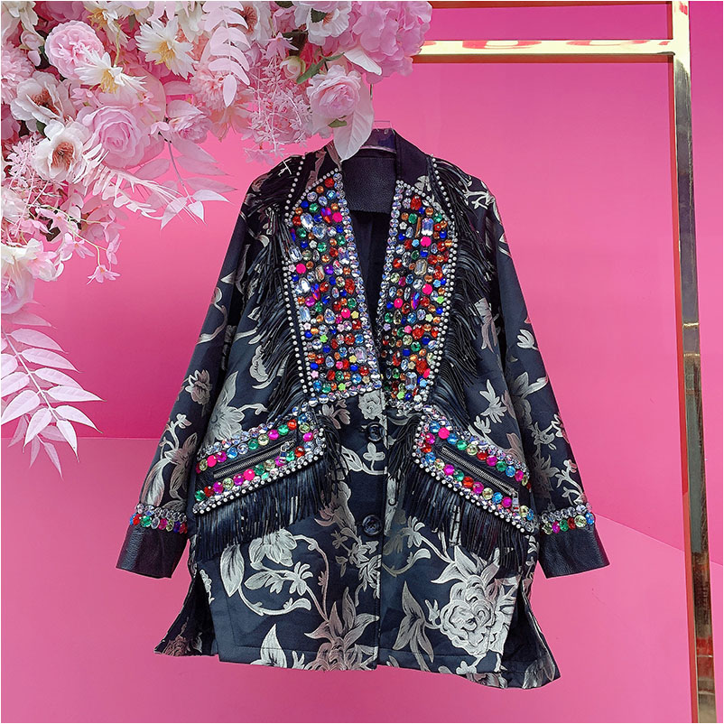 P2203欧美设计师2025冬季新款重工彩色钉钻拼流苏休闲宽松外套