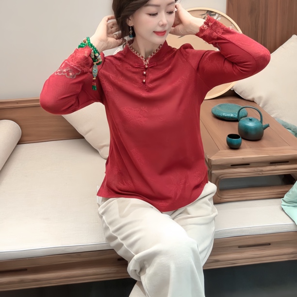 『蝶家』新中式立领高弹拼蕾丝绣花打底衫2532