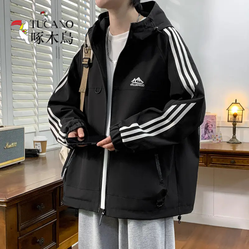 啄木鳥防风外套男秋季新款户外运动机能冲锋衣港风宽松连帽夹克男