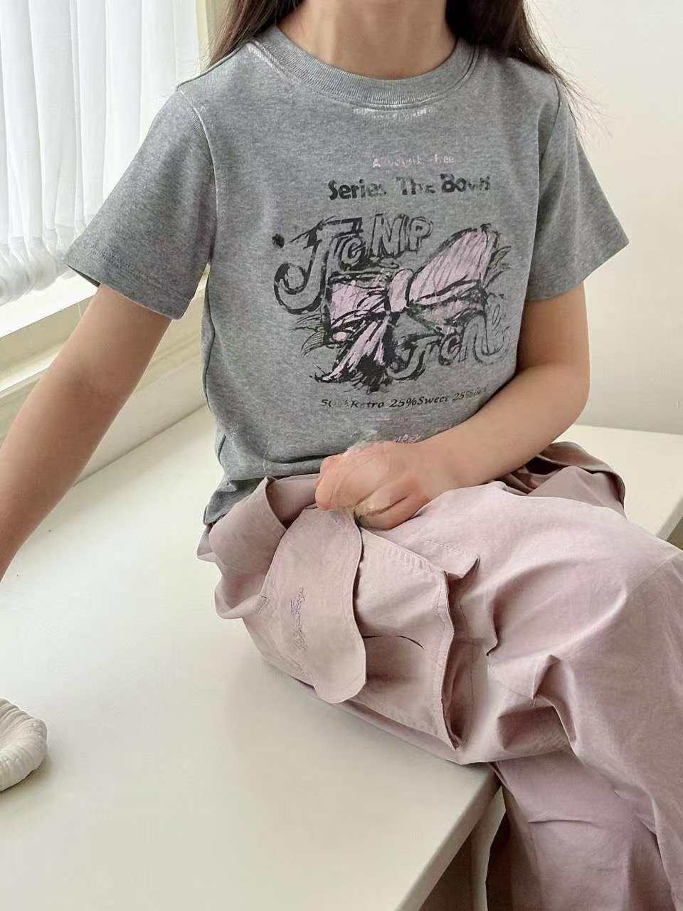 2118韩版2025夏款儿童时尚潮流百搭休闲个性灰色字母小短款短袖