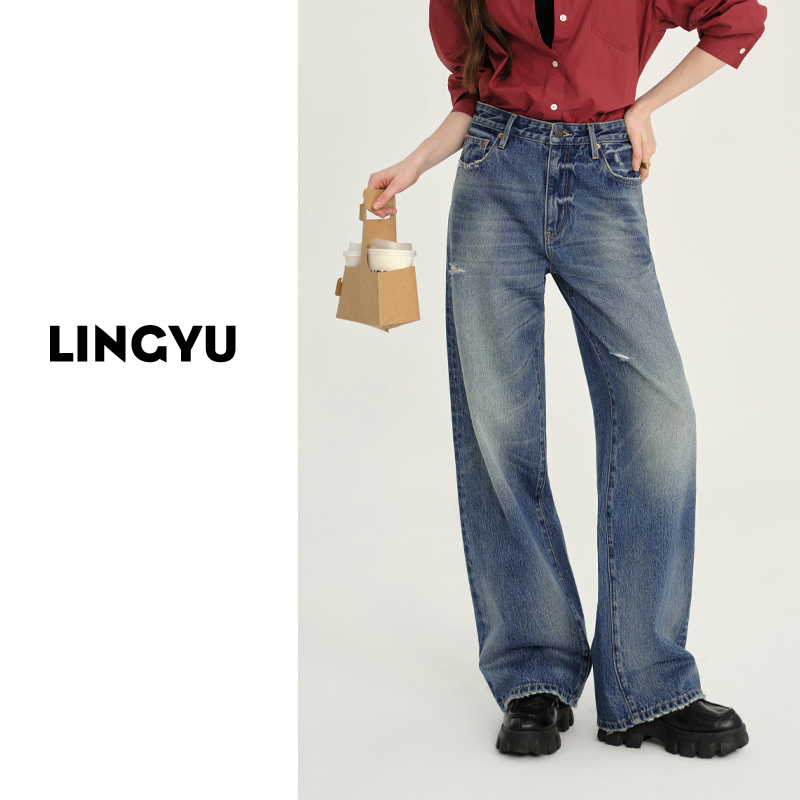 美式小众设计感磨破阔腿牛仔裤女2025秋季纯棉无弹高腰显瘦松弛感