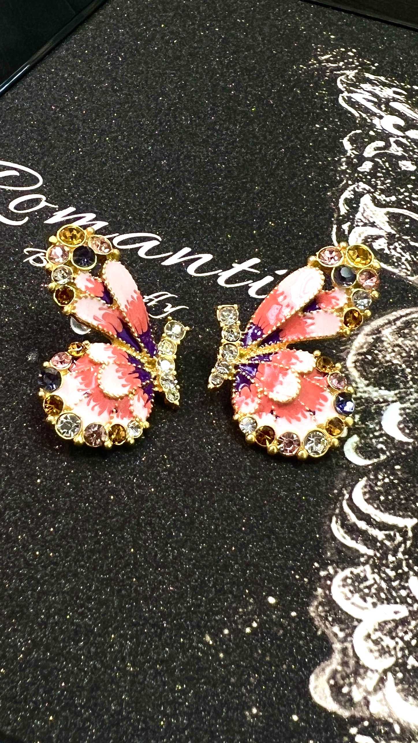 纯铜锆石耳饰 中古款24K铜镀真金粉色蝴蝶耳环