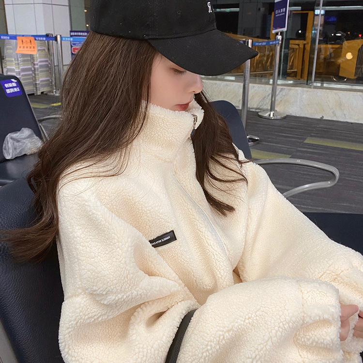 DFS羊羔绒外套女秋冬新款宽松休闲加厚保暖开衫上衣仿羊毛短款ins