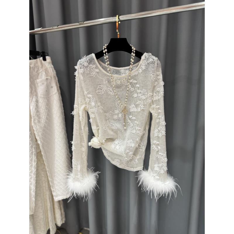 2025新款网红薄款长袖女装厚款蕾丝秋冬通用白色毛针织衫镂空