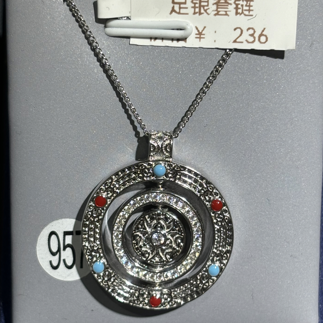 坠链均925银合成锆石 纯银八宝罗盘套链